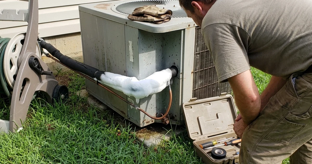 Frost-covered copper suction line at an outdoor AC unit on a humid morning
