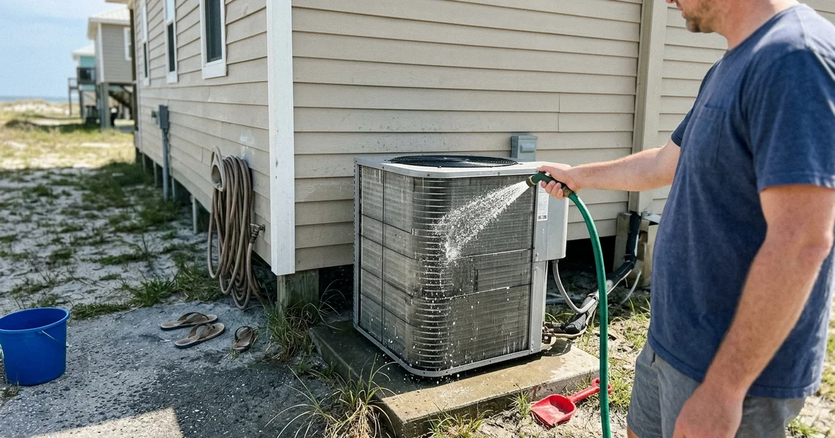 Garden hose gently rinsing a condenser coil behind a Gulf Shores beach house