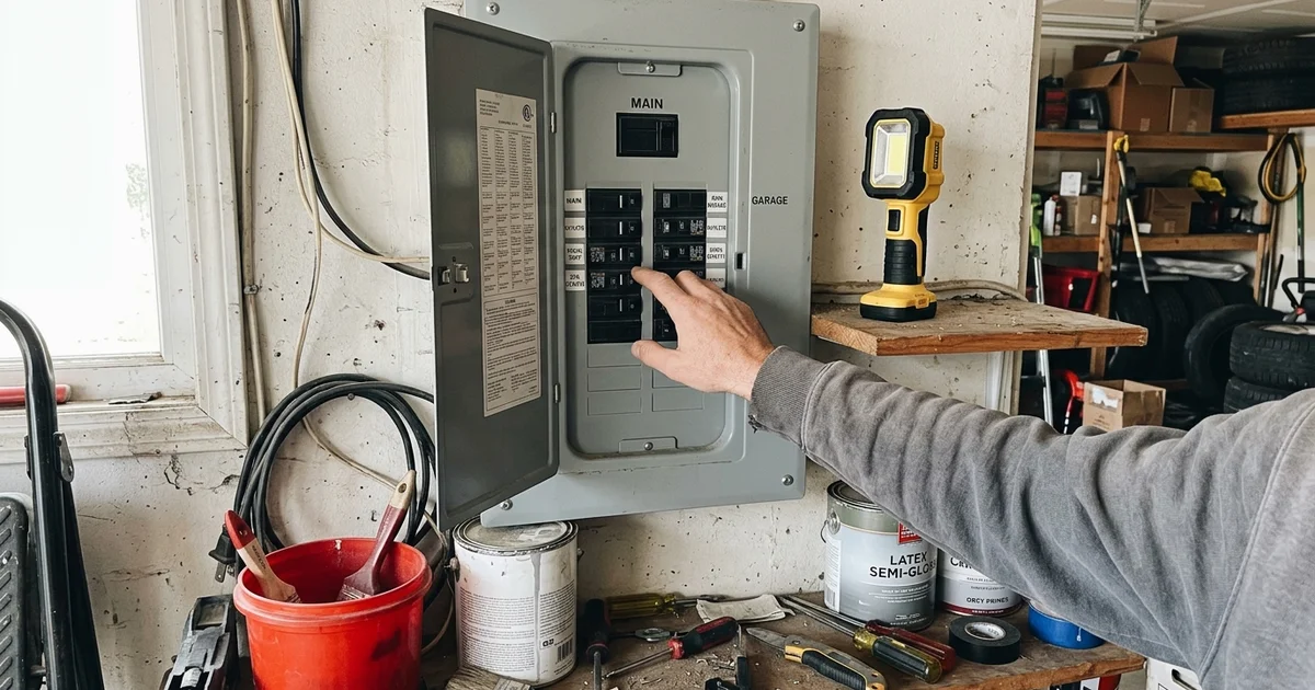 Hand at a garage breaker panel with one breaker tripped