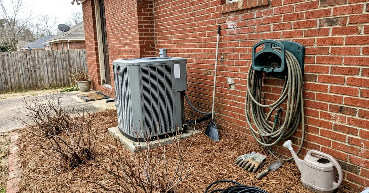 Heat pump outdoor unit beside a Foley brick home with bare winter shrubs