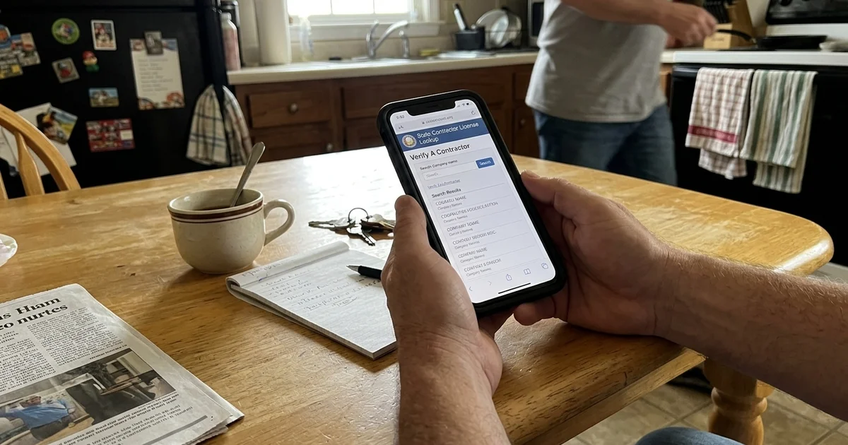 Homeowner checking a contractor license website on a phone at the kitchen table