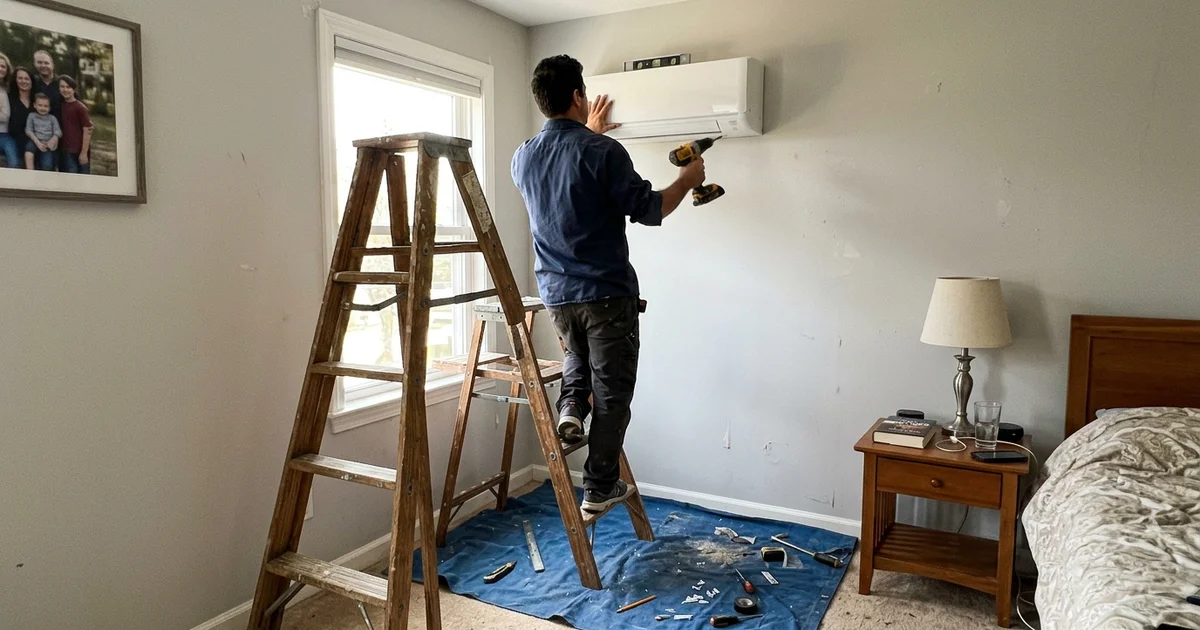 Installer mounting a mini-split head on a bedroom wall with a level