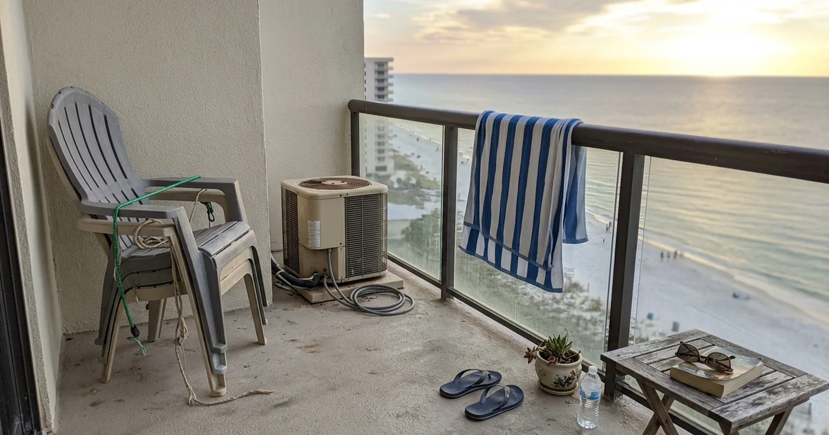 Quiet Orange Beach condo balcony in early fall with chairs stacked