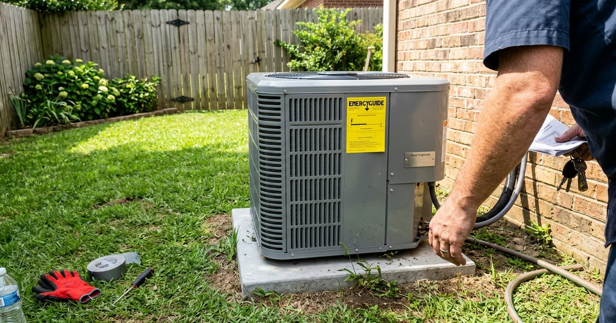 New condenser nameplate and yellow EnergyGuide label in a sunny yard