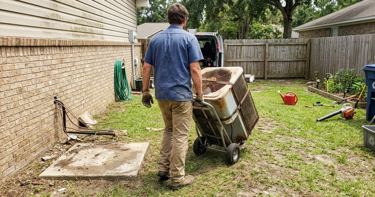 Old AC condenser on a dolly being removed from a Foley backyard