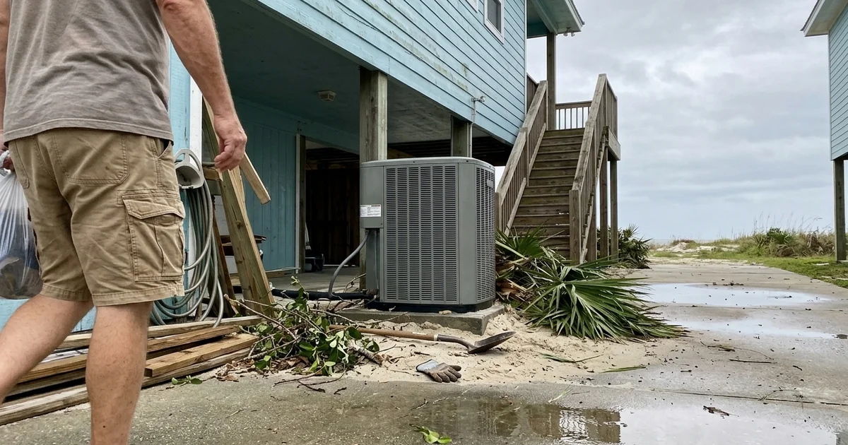 Palm debris and sand around an outdoor AC unit after a storm