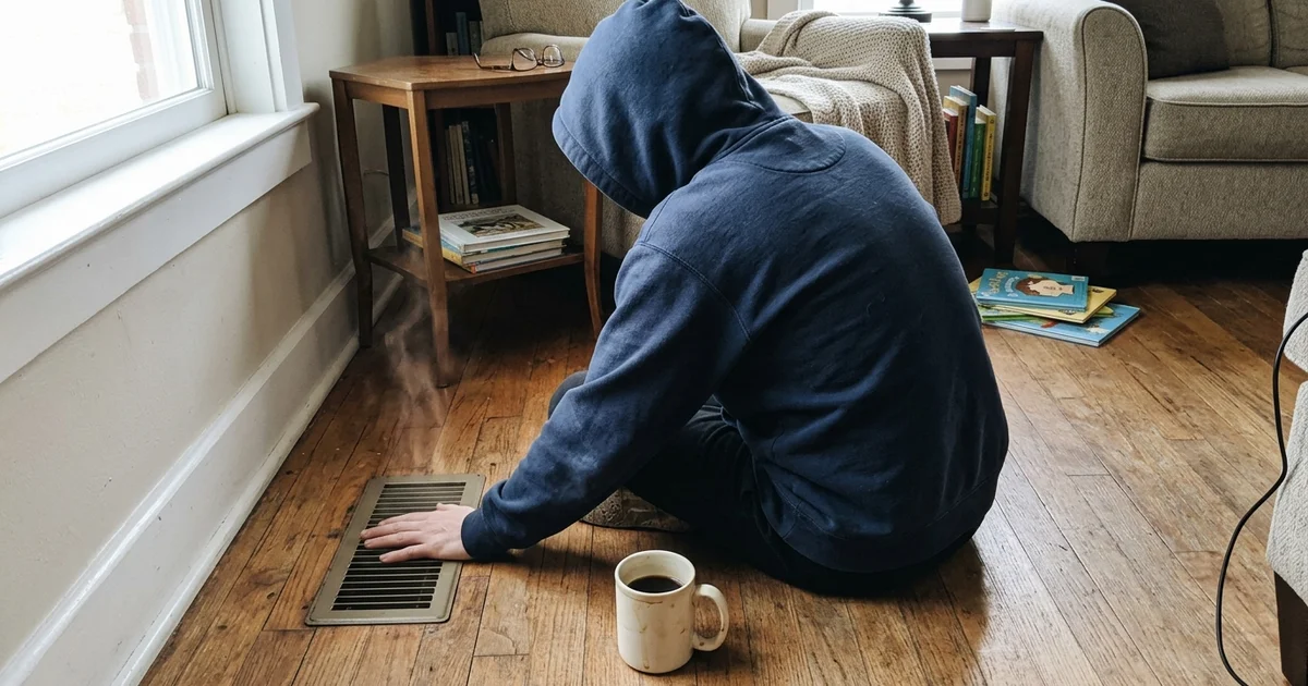 Person in a hoodie by a floor vent in a chilly Foley home