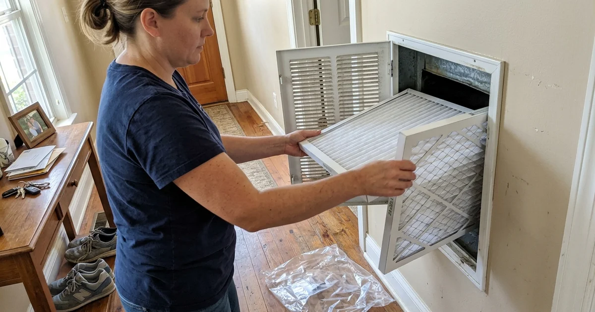 Pleated filter being slid into a return grille in a Foley hallway