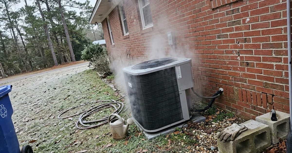 Steam rising from an outdoor heat pump on a cold coastal morning