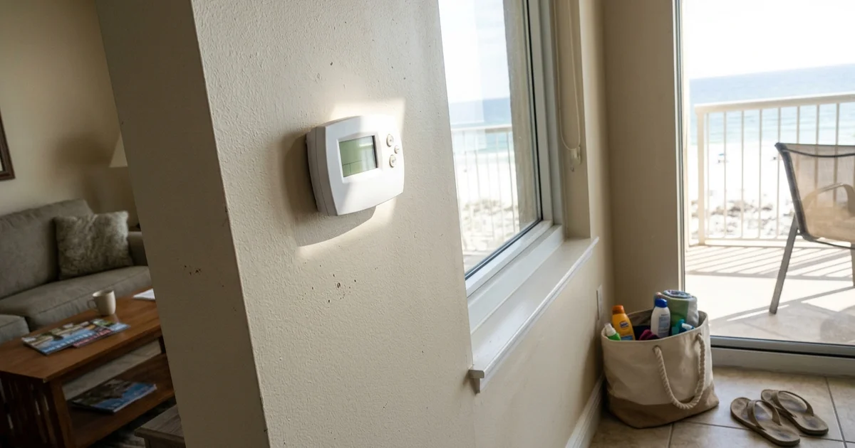 Thermostat on a sunny wall near a window in a Gulf Shores condo
