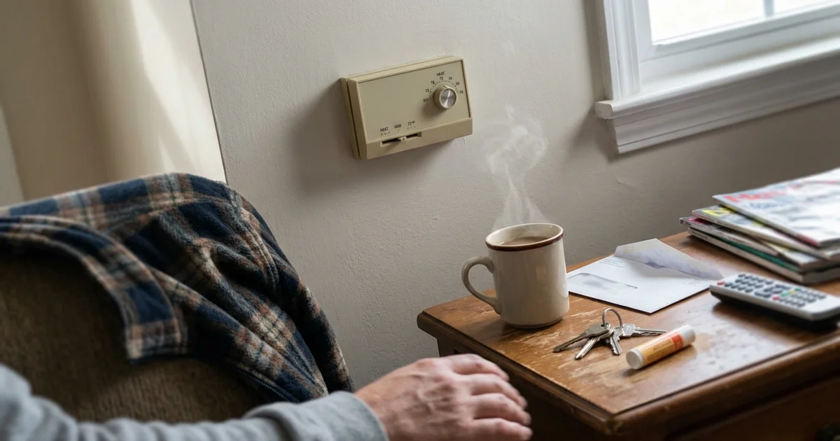 Thermostat switched to heat on a chilly morning with a mug on a side table