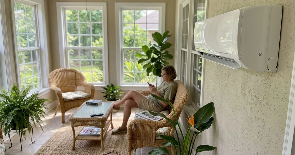 Wall-mounted mini-split head in a bright Foley sunroom with wicker chairs