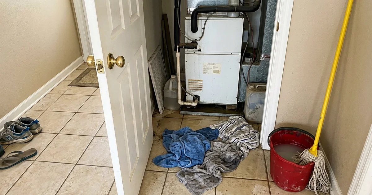 Water puddle and towels on the floor of a hallway air handler closet