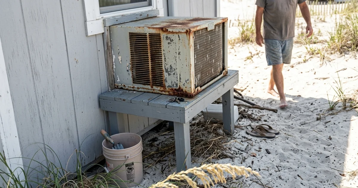 Weathered, rusted AC unit beside a beach cottage on a peeling stand