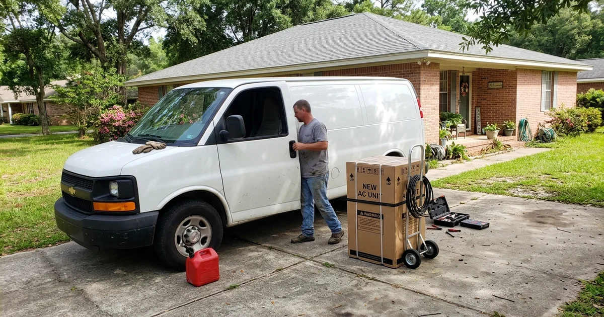 Work van in a Foley driveway with a boxed condenser on a hand truck