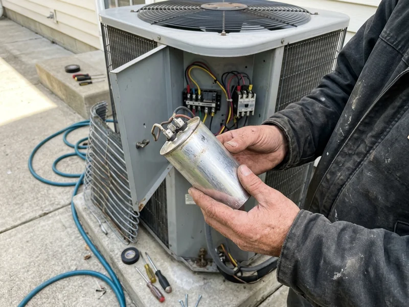 Failed swollen run capacitor held beside an open outdoor AC electrical panel