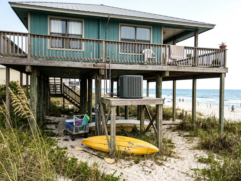 Raised Orange Beach house on pilings with an AC condenser on an elevated platform