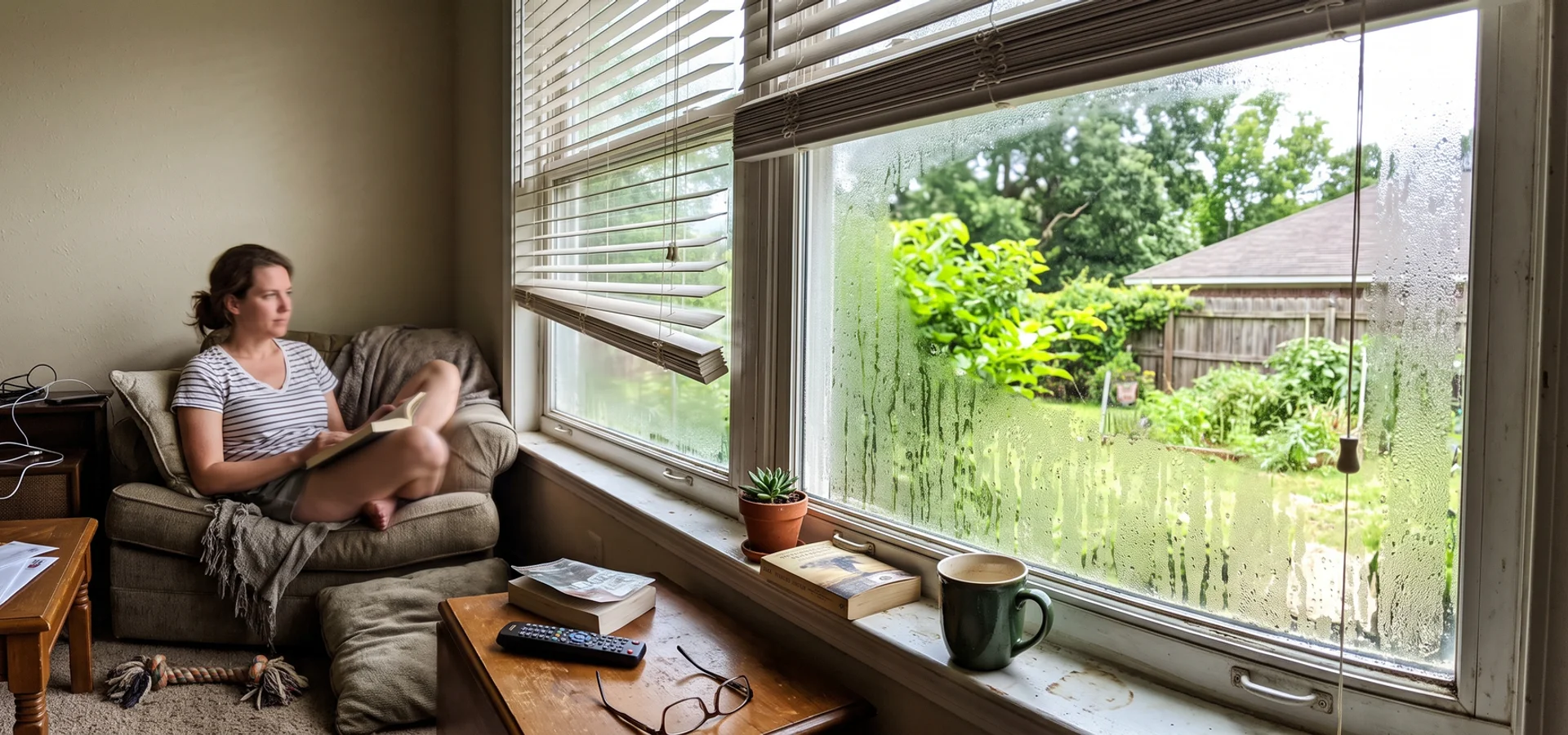 Condensation on the inside of a window in a Foley living room on a muggy day