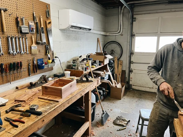 Converted garage workshop with a mini-split head