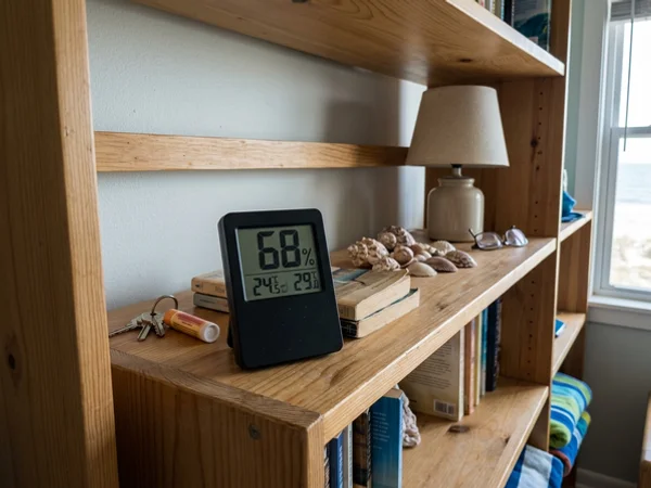 Hygrometer reading high humidity in an empty beach condo