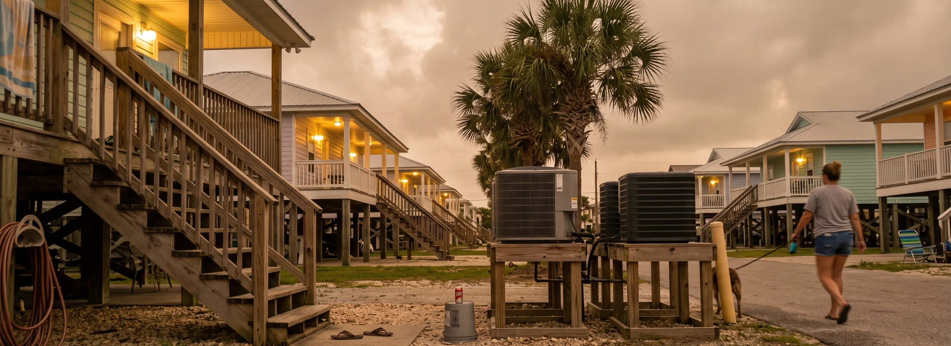 Raised beach houses with outdoor AC units on stands at dusk in Gulf Shores