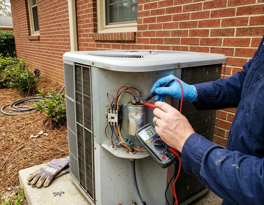 Contractor testing a failed capacitor in an outdoor AC unit beside a Foley brick home
