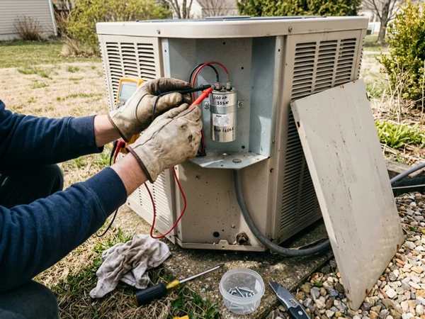 Multimeter testing a run capacitor during a tune-up