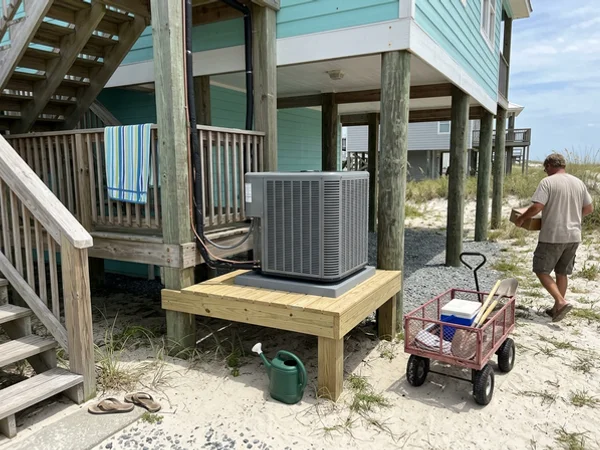 New coastal-rated condenser on a raised platform under a beach house