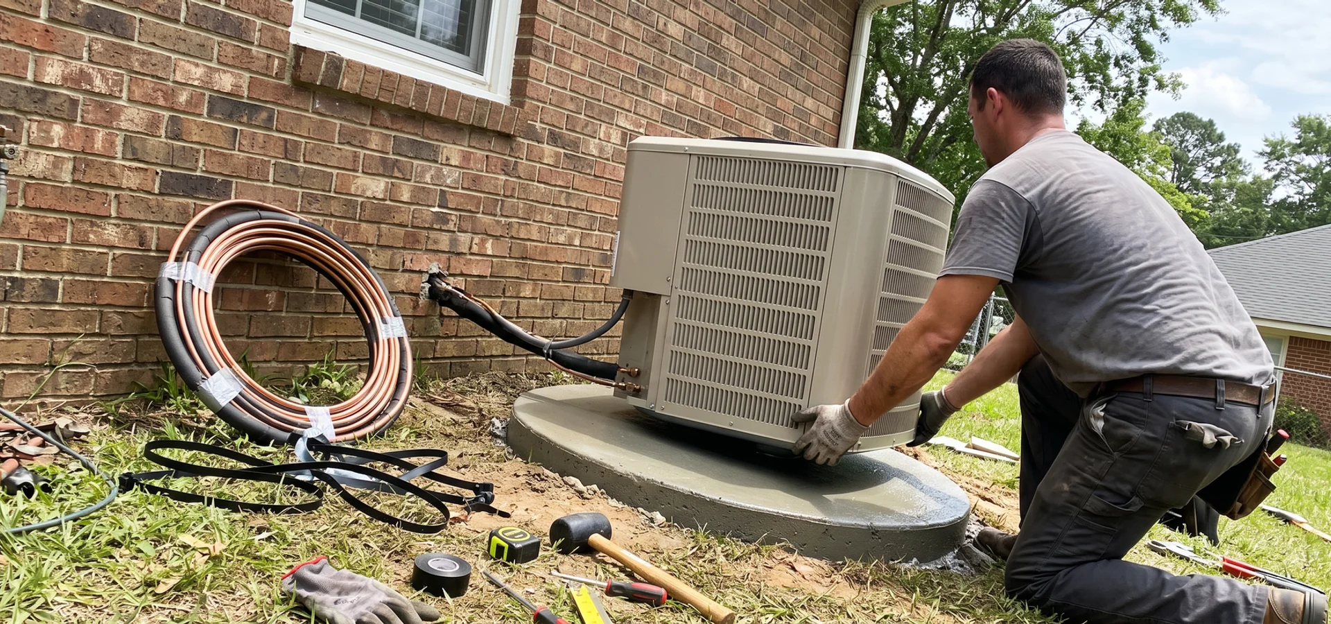 New AC condenser being set on a concrete pad beside a Foley home
