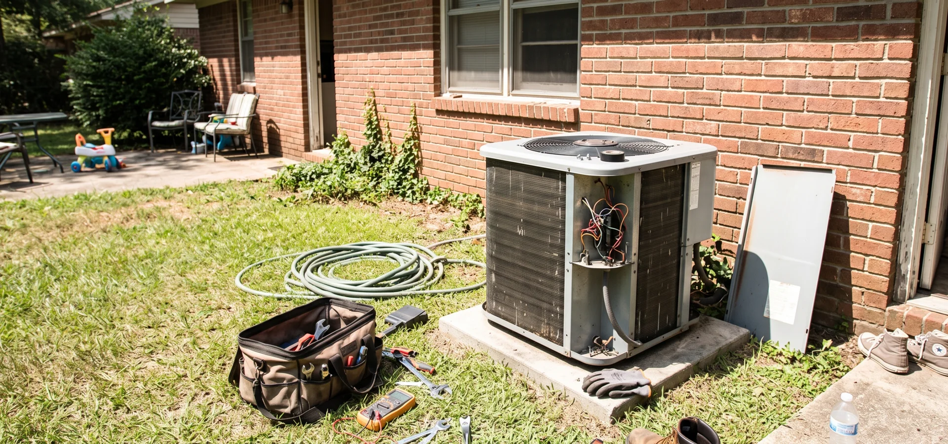 Outdoor AC condenser with its panel removed beside a Foley home on a hot August afternoon