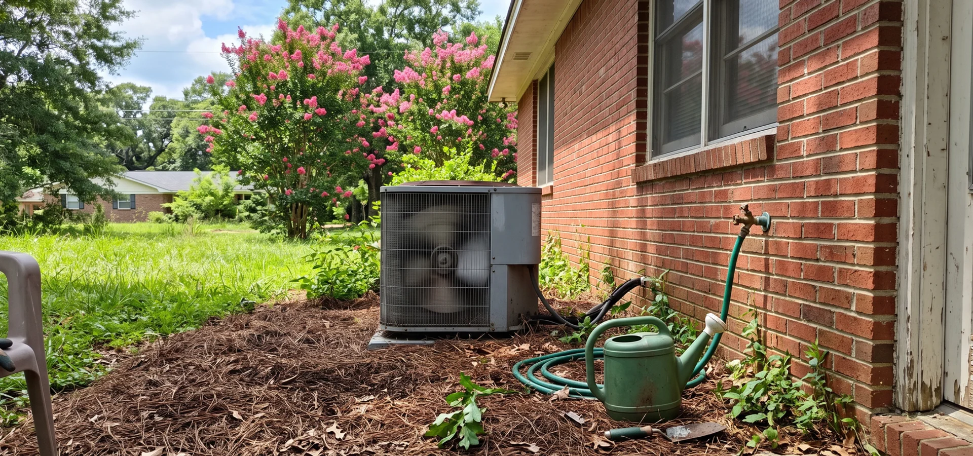 Central AC condenser running beside a Foley brick ranch home in summer