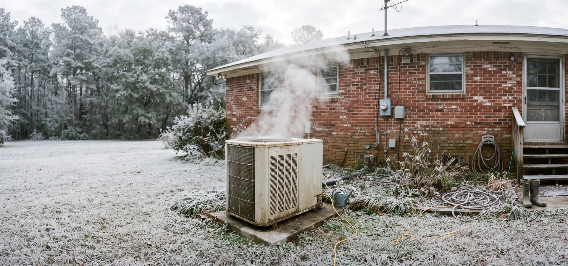 Heat pump with steam rising from the coil on a frosty coastal Alabama morning