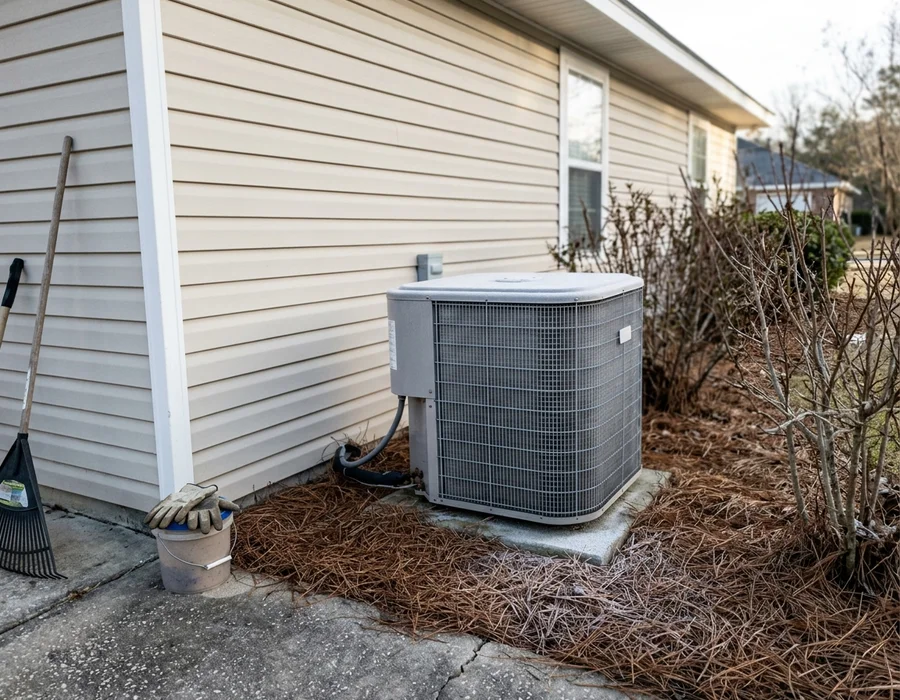 Heat pump with light frost beside a Foley home on a cold winter morning