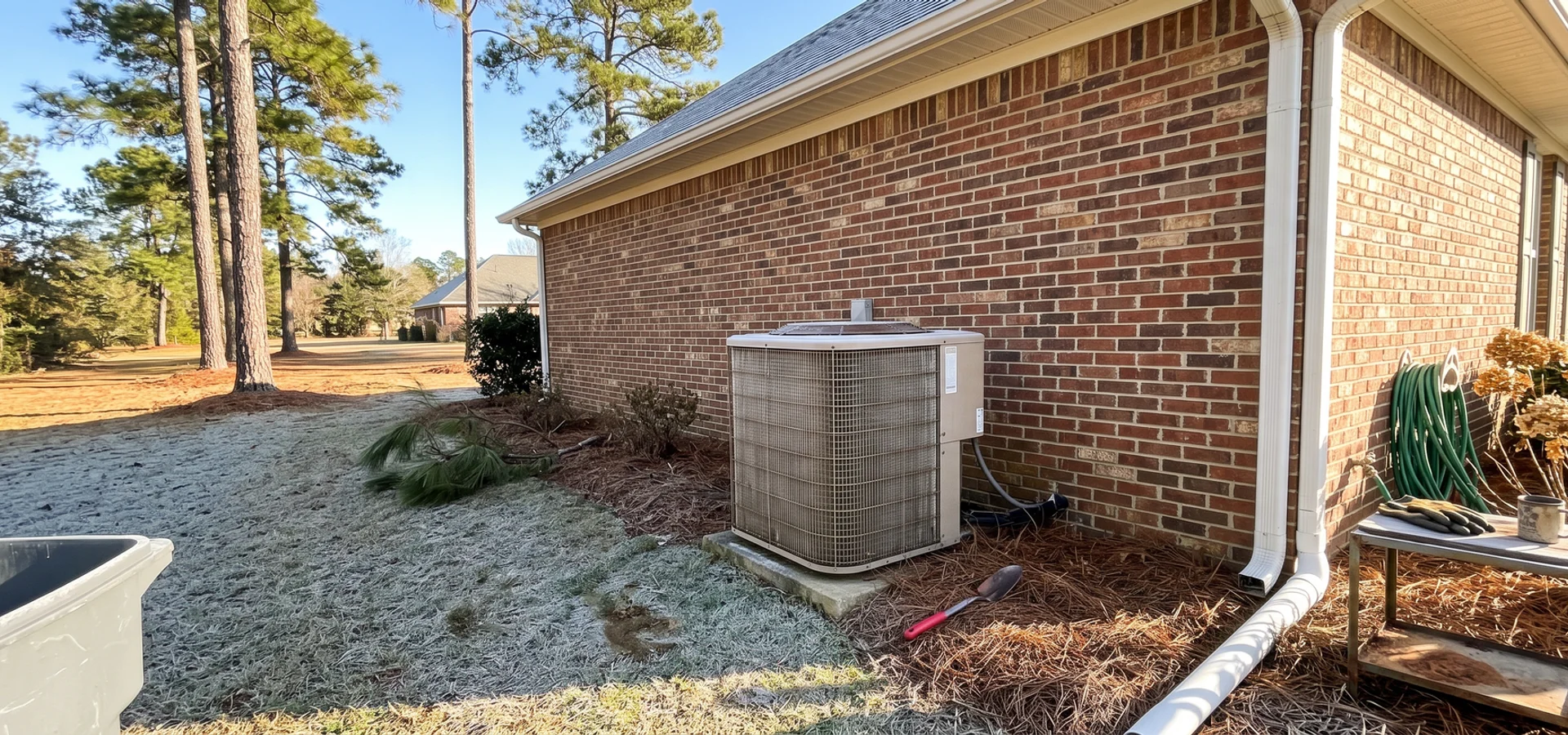 Heat pump with light frost beside a Foley home on a cold winter morning
