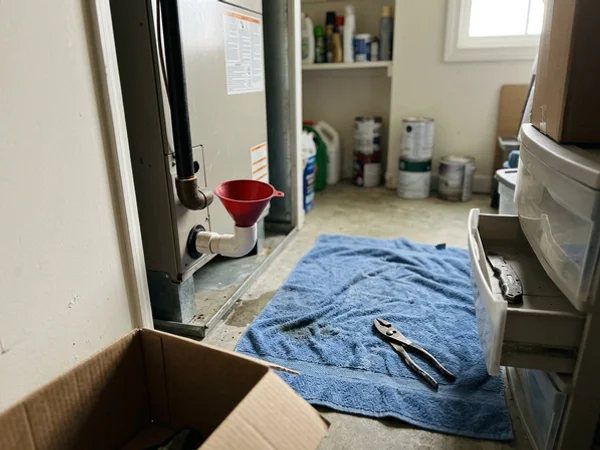 Open condensate drain cleanout with a funnel beside an air handler