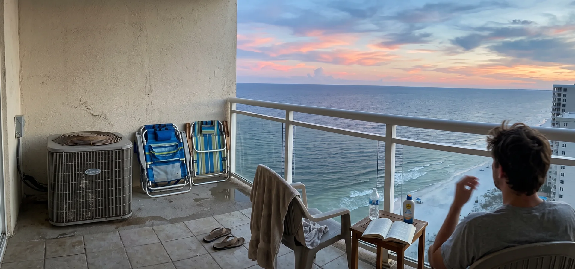 Orange Beach condo balcony at dusk with an outdoor AC unit