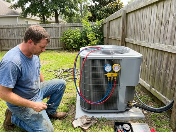 Refrigerant gauges on a newly installed outdoor unit during startup