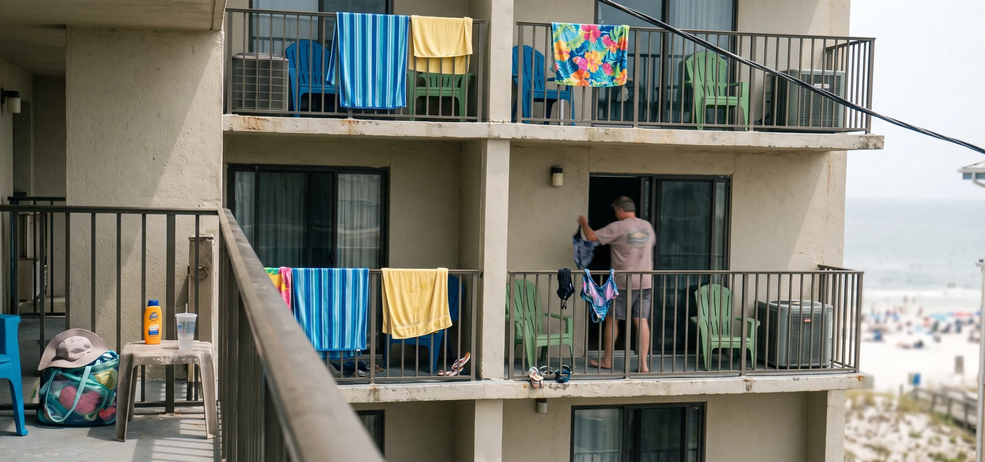 Gulf Shores beachfront condo balconies with outdoor AC units