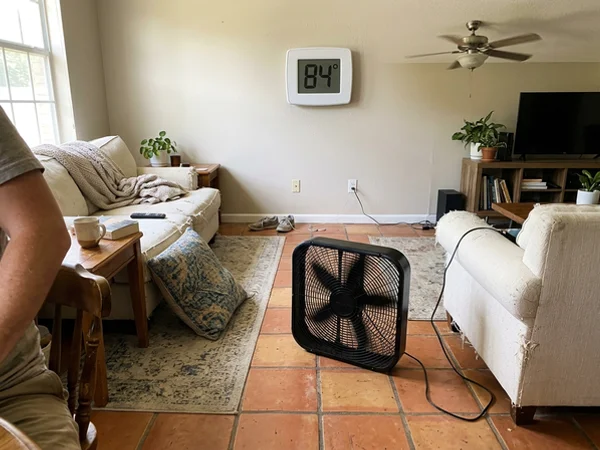 Thermostat reading 84 degrees in a warm Foley living room