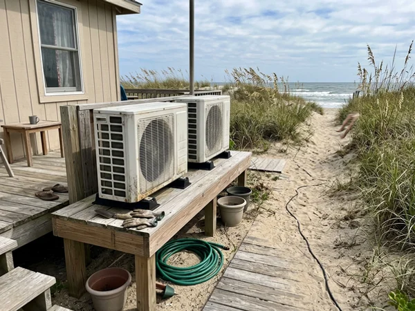Two mini-split outdoor units on a raised platform behind a beach cottage